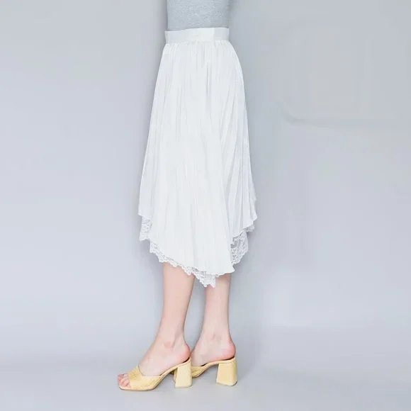 CALVIN LUO Lace Hem White Satin Pleated Skirt NWT L - Picture 6 of 7